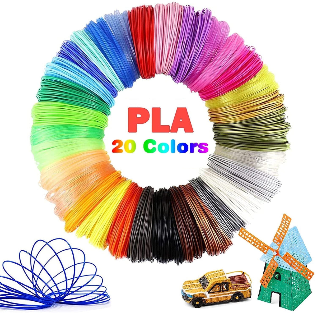 3D Pen PLA Filament Refills, 20 Colors Support for All 1.75mm 3D Printer / 3D Pen, 10 Feet Each Color, Total 200Ft 3D Printing Material (3M Each Color)