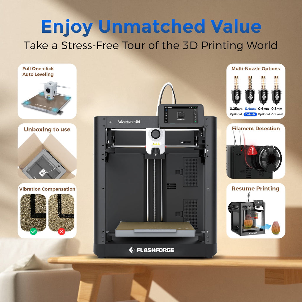 Flashforge Adventurer 5M Pro High Speed PLA, FLEXIBLE, ABS 3D Printer with Quick-Release Nozzles & 50dB Casing