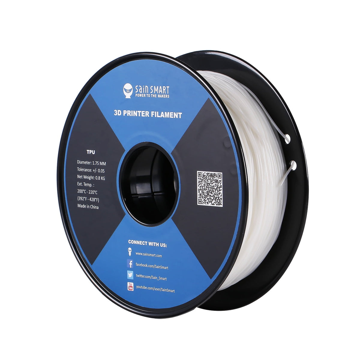 SainSmart White Flexible TPU 3D Printing Filament, 1.75 mm, 0.8 kg, Dimensional Accuracy +/- 0.05 mm