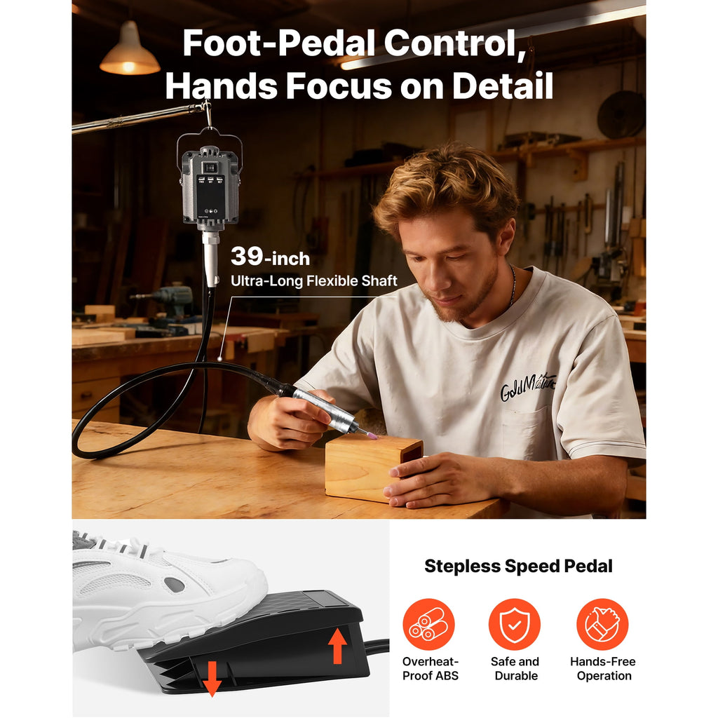 KFFKFF Electric Flex Shaft Grinder, 125W 18000RPM Rotary Tool with Foot Pedal Control, Hanging Carver Grinder and 112-Piece Accessory Kit for Sanding, Buffing, Polishing, and Cutting