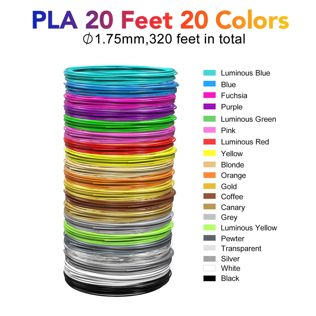 3D Pen PLA Filament Refills, 20 Colors Support for All 1.75mm 3D Printer / 3D Pen, 10 Feet Each Color, Total 200Ft 3D Printing Material (3M Each Color)